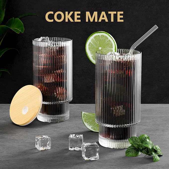 16OZ Glass Cups with Lids and Straws, Vintage Glassware for Whiskey Cocktail Beer, Iced Coffee Cups with Lid, Glass Tumbler with Straw and Lid (2 PACK)