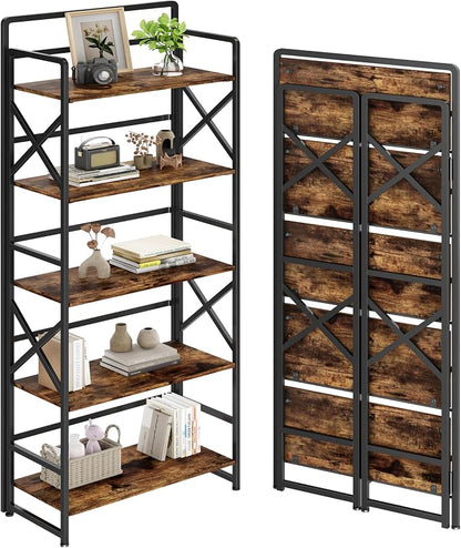 No Assembly Folding Bookshelf, 5 Tiers Vintage Wood Collapsible Book Shelf by THKKYHomeOfficeFurniture