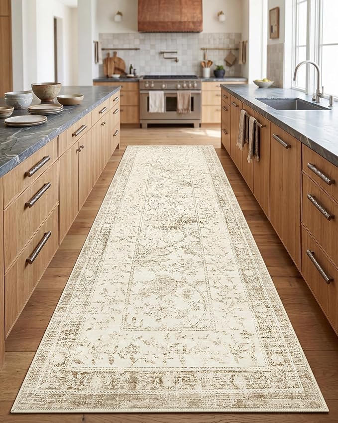 GarveeHome Vintage Beige Washable Kitchen Runner Rug: 2'6" x 8' Hallway Rug Non - Image 3