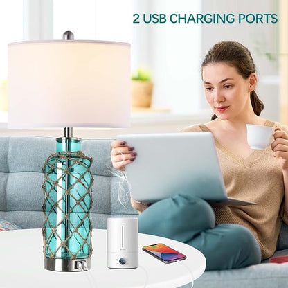 Cottage Nautical Accent Table Lamp Set of 2, Touch Control Coastal Blue Green - Image 4