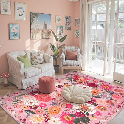 Pink Floral Area Rug 4x6 for Bedroom Living Room | Ultra-Thin; Non Slip; Stain by WelcometoBabovid
