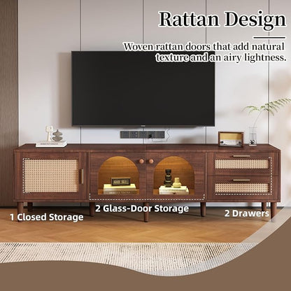 Merax Rattan TV Stand with LED Lights, Solid Wood Feet, Living Room, Bedroom - Image 3