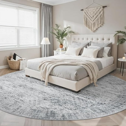 Soalmost Round Rugs 8ft Living Room Circle Area Rug 8x8 Grey Vintage | Washable - Image 2