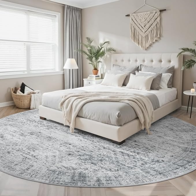 Soalmost Round Rugs 9ft Living Room Circle Area Rug 9x9 Grey Vintage | Washable - Image 2