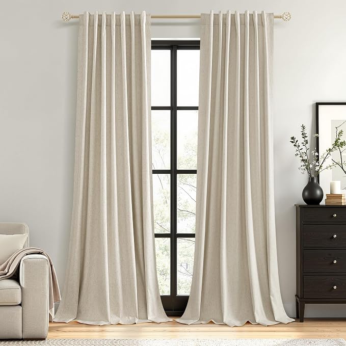 100% Blackout Linen Curtains for Bedroom 96 inches Long, Thermal Insulated Room by Guken