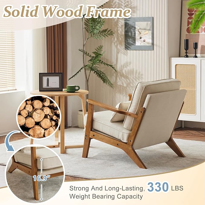 VINGLI Solid Wood Wide Armrests Accent Chair, Upholstered Mid Century Modern - Image 4