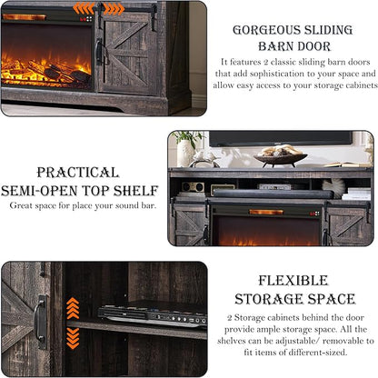 OKD Fireplace TV Stand for 80 Inch TV, Rustic Media Console w/Sliding Barn Door - Image 5