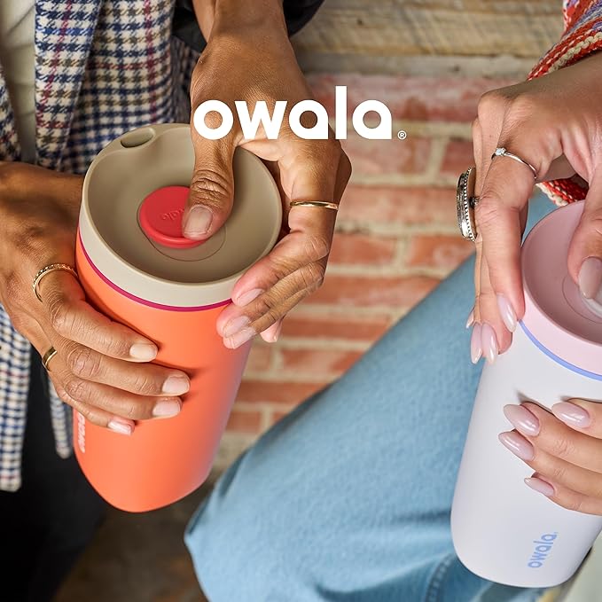 Owala SmoothSip Slider Insulated Stainless Steel Coffee Tumbler, Reusable Iced Coffee Cup, Hot Coffee Travel Mug, BPA Free 20 oz, Tan/White (Vanilla Bean)