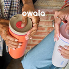 Owala SmoothSip Slider Insulated Stainless Steel Coffee Tumbler, Reusable Iced Coffee Cup, Hot Coffee Travel Mug, BPA Free 12 oz, Grey/Brown (Cozy Cocoa)