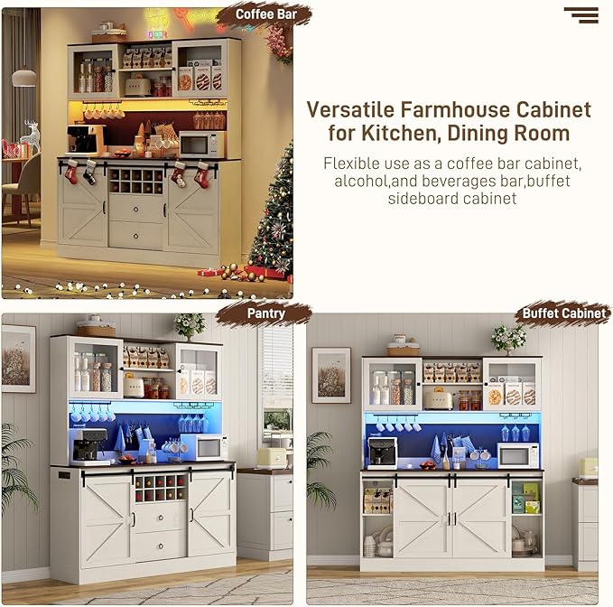 74" Tall 63" Wide Large Coffee Bar Cabinet w/Outlet,6000-color LED Light,Pegboard,Farmhouse Hutch Cabinet w/Barn Door,2 Big Drawers,Adjustable Shelves,10 Wine & Glasses Rack,5 Hook for Kitchen