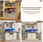 74" Tall 63" Wide Large Coffee Bar Cabinet w/Outlet,6000-color LED Light,Pegboard,Farmhouse Hutch Cabinet w/Barn Door,2 Big Drawers,Adjustable Shelves,10 Wine & Glasses Rack,5 Hook for Kitchen