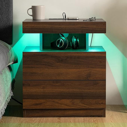 HOMMPA Rustic Nightstand with Wireless Charging Station LED Bedside Table with - Image 3