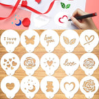 Konsait Coffee Stencil, 15 Pieces Latte Art Stencils for Coffee Decorations, Oatmeal Cupcake Cake Cappuccino Mousse Hot Chocolate Valentines Day