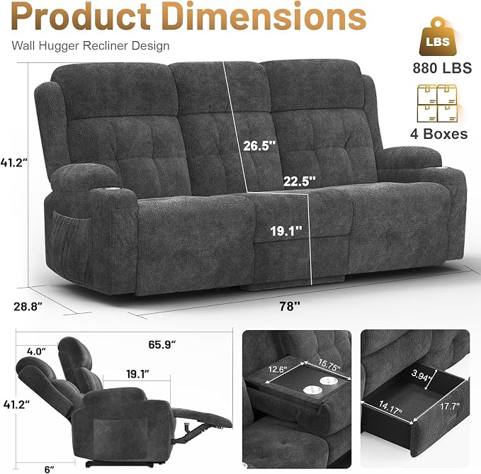 3-Seater Loveseat Recliner Sofa, Home Theater Seating Reclining Couch - Image 2