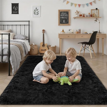 Area Rug Living Room Bedroom: 4x6 Fluffy Plush Shag Carpet Black | - Image 7