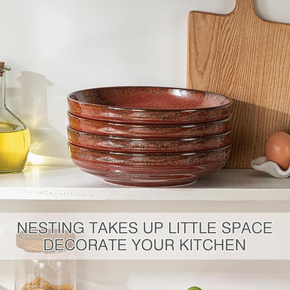 HAPPY KIT 9'' Large Pasta Bowls, 42 Oz, Stoneware Reactive Glaze Salad Bowl Set of 4, Ceramic Serving Bowls for Fruit,Soup,Noodle, Dinner, Scratch Resistant, Rust Red
