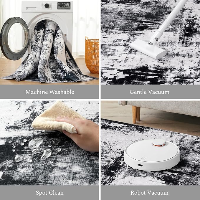 Rugflix 10x14 Area Rugs for Living Room, Washable Black Grey Dark Large Rug | - Image 4