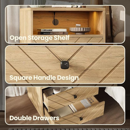 Modern Nightstand with Charging Station, LED Bedside Table with 2 Storage - Image 4