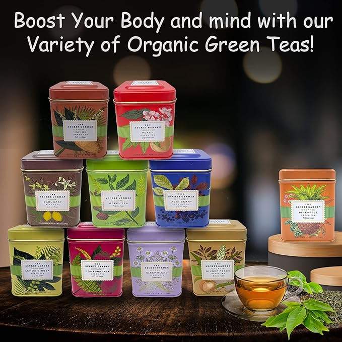 Organic Lemon Ginger Ceylon Green Tea - 50 Packets - Natural Antioxidant Rich Herbal Leaf Teabags - USDA Certified 100% Non-GMO - Caffeinated Premium Designer Tin