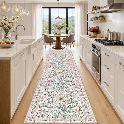 PLHXFR 2.6x14 Washable Runner Rug：Floral Indoor Kitchen Carpet Pink Green | by PLHXFRSoftAreaRugs