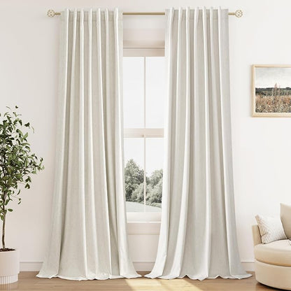 Cream 100% Blackout Linen Curtains 96 Inch Length Ceiling to Floor 2 Panels 8 FT - Image 9
