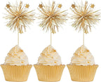 Gyufise 30Pcs Foil Firework Cupcake Toppers Happy Birthday Cake Toppers Sparkle Tinsel Flower Drink Stirrers Cocktail Food Fruit Toothpicks for Valentine's Day Party Supplies Gold