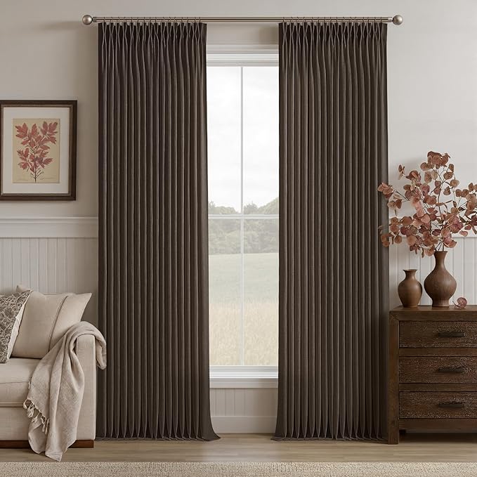 Dark Chocolate Linen Pinch Pleat Semi Sheer Vintage Curtains 105 Inch Long | by Twodrapes