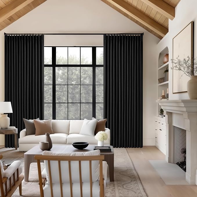 Black Pinch Pleated 100% Blackout Linen Bedroom Curtains 96 Inch Length | - Image 9