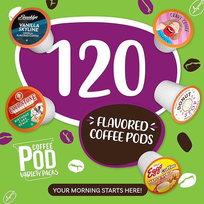 Coffee Pod Variety Packs Super Flavored Sampler, Assorted, Compatible with 2.0 K-Cup Brewers, Variety Pack, 120 Count (Pack of 1)