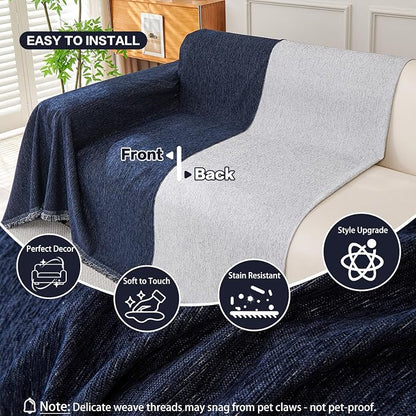 DREAMINGO Navy Blue Couch Cover Thick Chenille Couch Cover Blanket - Image 3