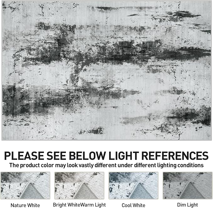 9x12 Area Rugs for Living Room: Washable Abstract Black White Grey Carpet | - Image 8