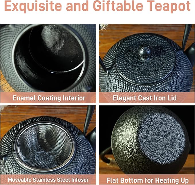 Small Tea Kettle, 40oz Tea Pot, Japanese Tetsubin, Cast Iron Teapot with Infuser for Stovetop Safe Coated with Enameled Interior (Black, 1200ml)