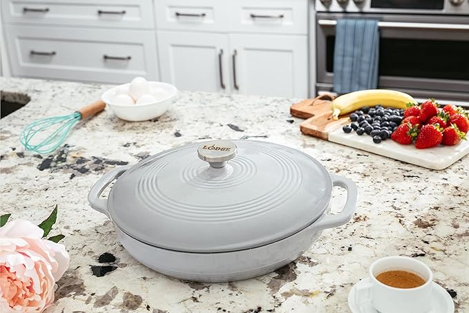 Lodge 3.6 Quart Enameled Cast Iron Covered Casserole with Lid – Dual Handles – Oven Safe up to 500° F or on Stovetop - Use to Marinate, Cook, Bake, Refrigerate and Serve – Gray