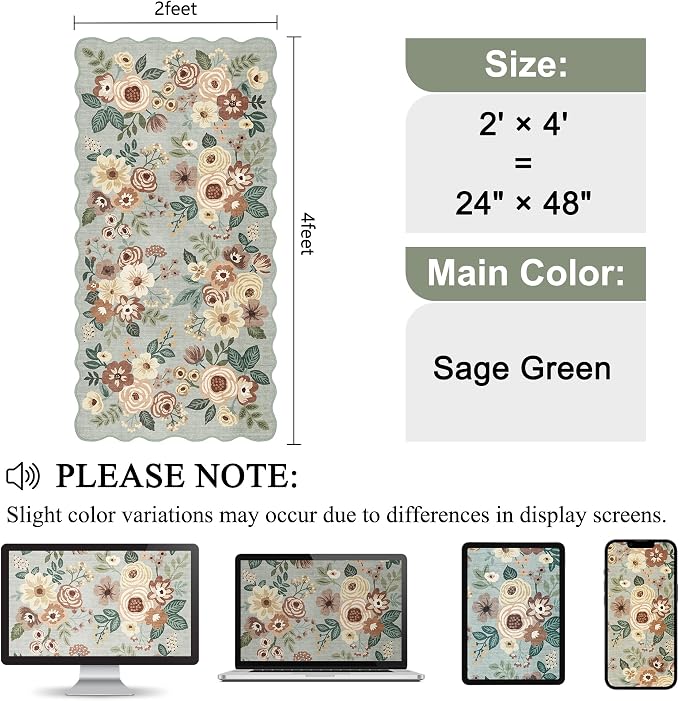 DUKINO 2x4 Rug for Entryway, Floral Washable Kitchen Rugs, Sage Green | Non Slip - Image 2