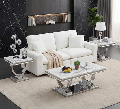 Henf Marble End Table Modern White Faux Marble Sofa Side Table - Image 5
