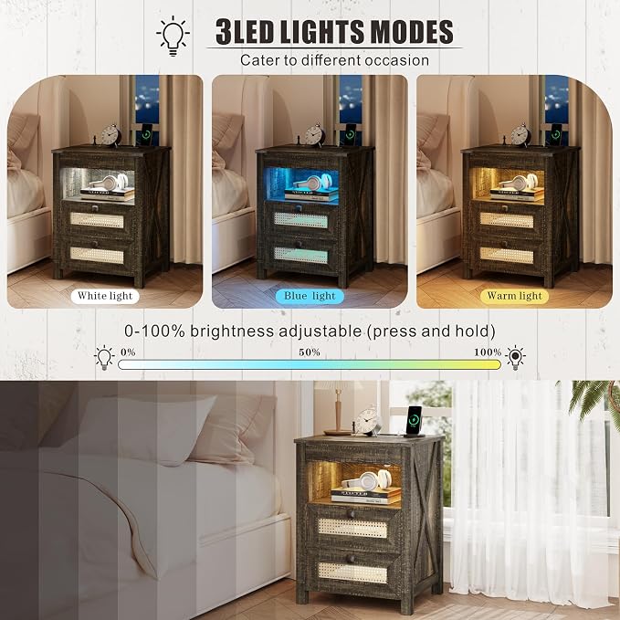 FREDEES Rustic Nightstand with Gun Drawer, End Table with Charging Station - Image 4
