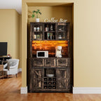 72" Coffee Bar Cabinet with Sliding Barn Door & LED Lights, Sideboard Buffet Cabinet with Wine Bottle Rack, 3 Drawers, Storage Cabinet for Kitchen, Dining Room, Dark Rustic Oak, DBC20B
