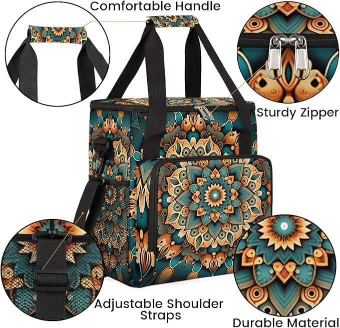 Ethnic Mandala Floral Flowers Coffee Maker Carrying Bag, Coffee Machine Travel Storage Bag Compatible with K-Mini or K-Mini Plus, Portable Single Serve Coffee Brewer Case with Pockets for K-Cup Pods