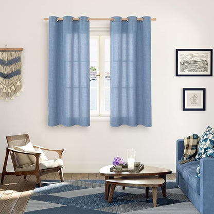 YoungsTex Blue Short Linen Curtains 45 Inches Length, Bronze Grommet Light - Image 2