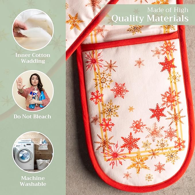 Maison d' Hermine Double Oven Mitts 100% Cotton 7"x35" Double Oven Mitt Heat Resistant BBQ Cooking Gloves with Loop, Baking, Grilling, Home, Kitchen, Handling Hot Pans (Crystal Star)
