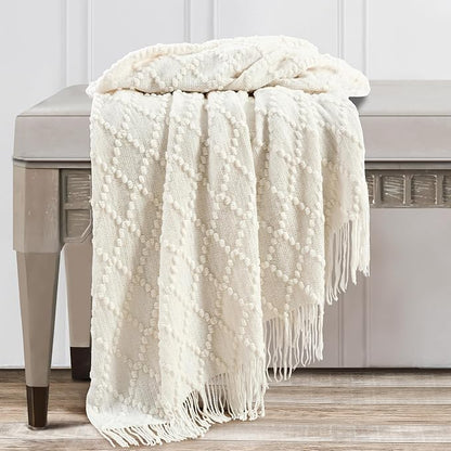 BOURINA White Throw Blanket 50 x70 Inches Jacquard Argyle Throw Textured Solid - Image 3