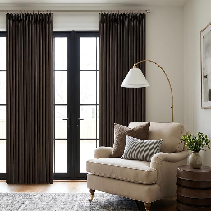 Dark Chocolate Linen Pinch Pleat Semi Sheer Vintage Curtains 105 Inch Long | - Image 8