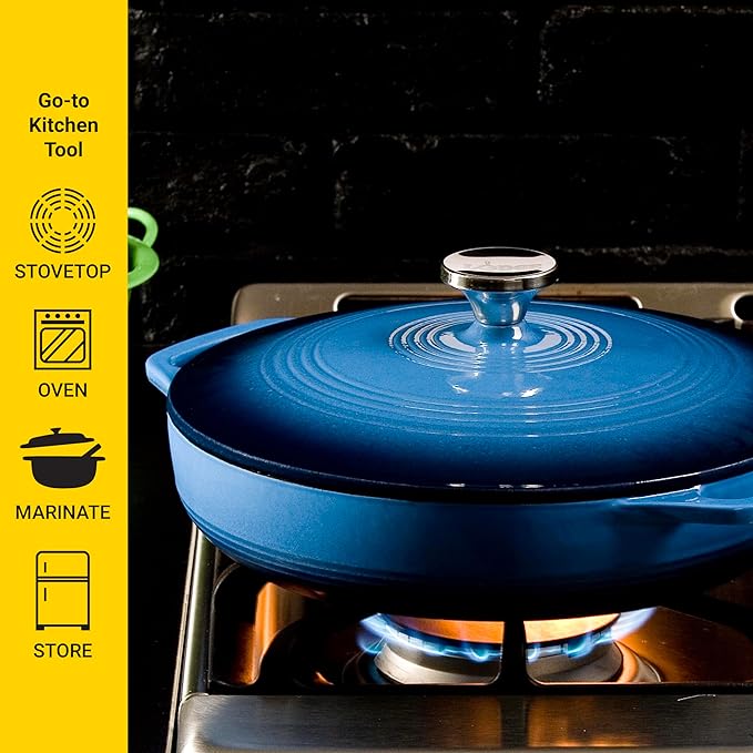 Lodge 3.6 Quart Enameled Cast Iron Oval Casserole With Lid – Dual Handles – Oven Safe up to 500° F or on Stovetop - Use to Marinate, Cook, Bake, Refrigerate and Serve – Caribbean Blue