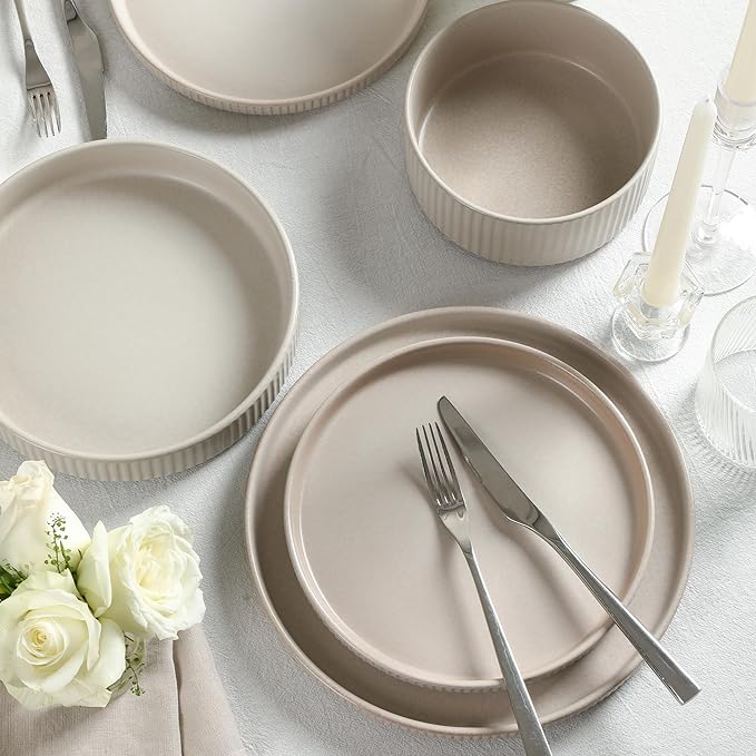 Stone Lain Haven Modern Stoneware 4 Piece Pasta Bowl Sets, Dish Set for 4, Reactive Glaze Beige