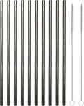 10 Pcs Stainless Steel Straws, Reusable Drinking Straws, Straight Metal Straw Sets with 2 Pcs Cleaning Brushes (8.5 Inch, Black)