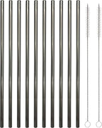 10 Pcs Stainless Steel Straws, Reusable Drinking Straws, Straight Metal Straw Sets with 2 Pcs Cleaning Brushes (8.5 Inch, Black)