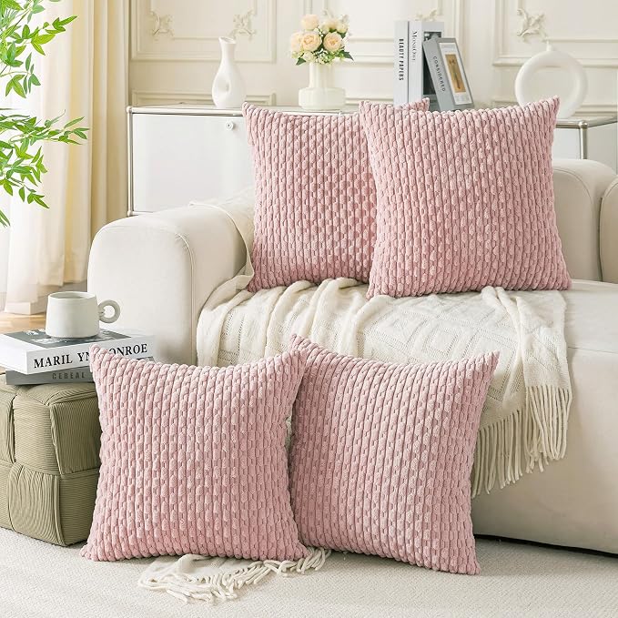 Set of 4 Light Pink Decorative Throw Pillow Covers 18x18 Inch Corduroy Pillow by Cozoomy