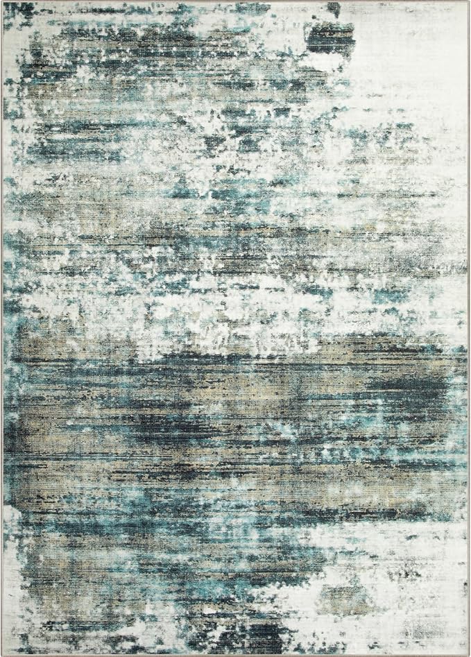 5x7 Area Rugs for Living Room: Washable Abstract Teal Green Badroom Carpet | - Image 8