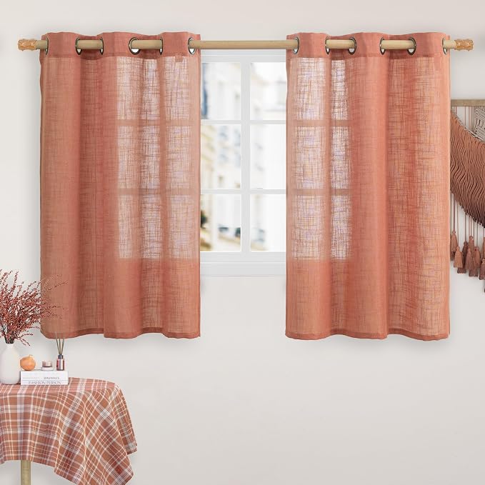 Terracotta Linen Semi Sheer Curtains 45 Inch Length, Light Filtering Neutral by LAMIT
