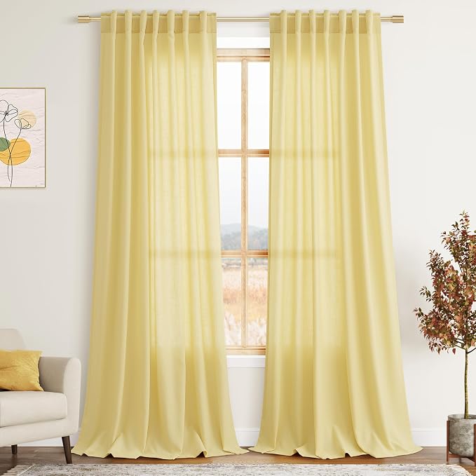 Yellow Linen Semi Sheer Curtains 108 Inches Long 2 Panels Set Back Tab Loop by Nanspring